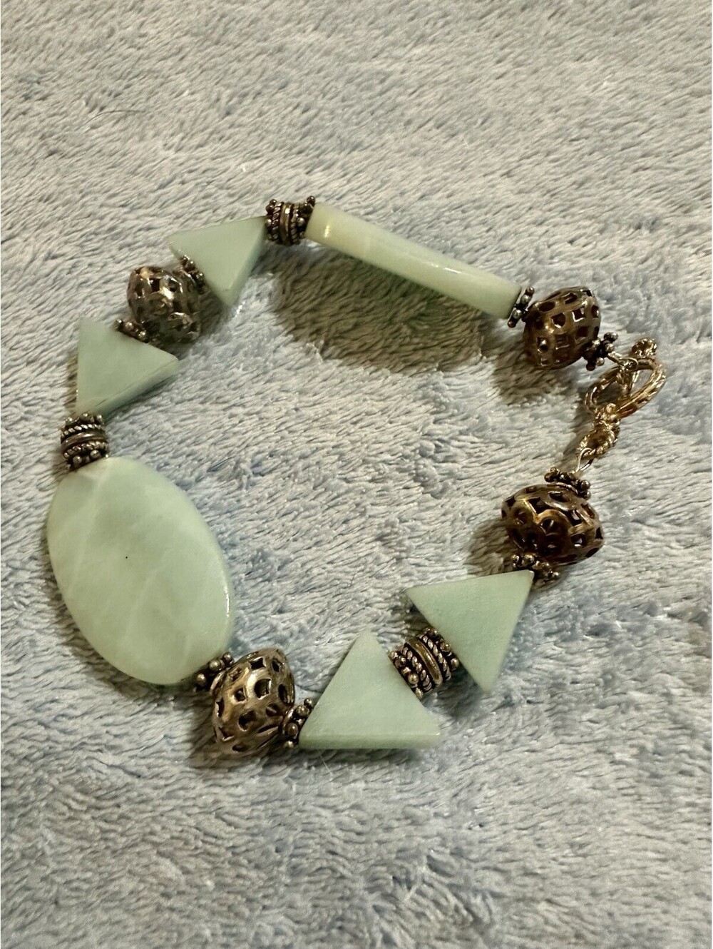 Pale Green Stone Bracelet Geometric Triangle Oval Beads Filigree Toggle Boho